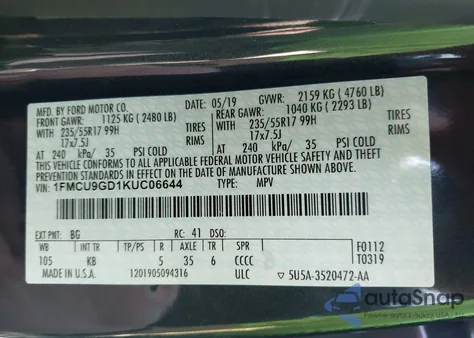 2019 Ford Escape Se z USA, uszkodzony, nr VIN 1FMCU9GD1KUC06644